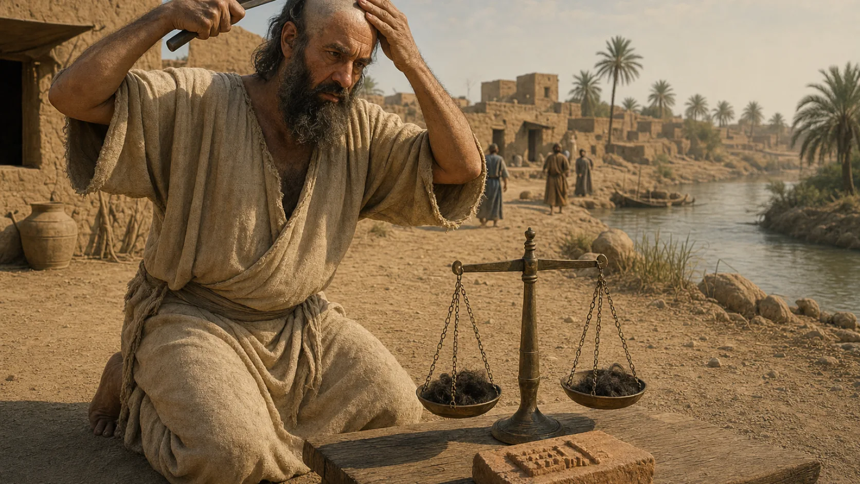 Biblical scene illustrating Ezekiel Shaves His Head and Divides the Hair as a Sign
