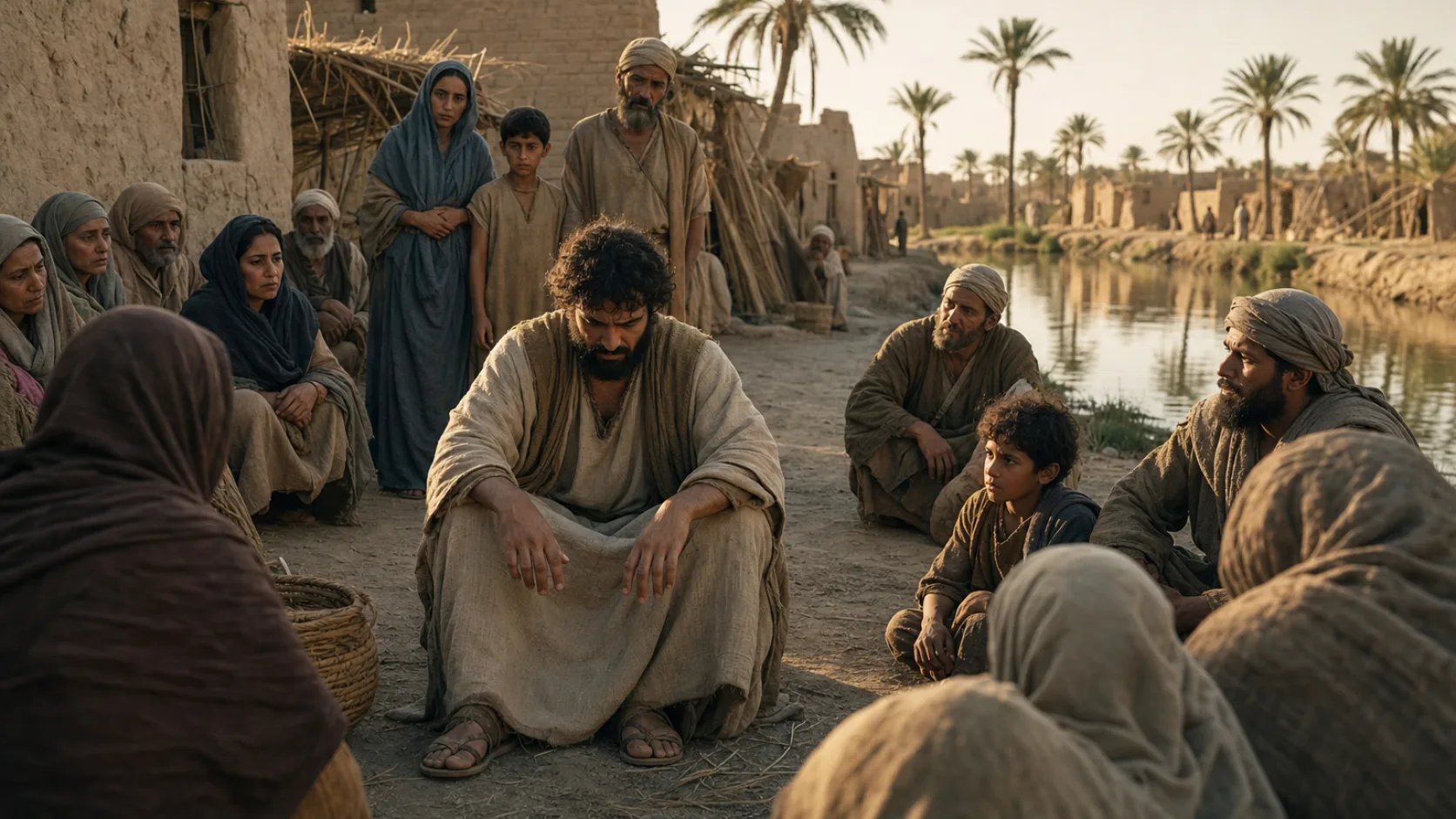 Biblical scene illustrating Ezekiel Sits Overwhelmed among the Exiles for Seven Days