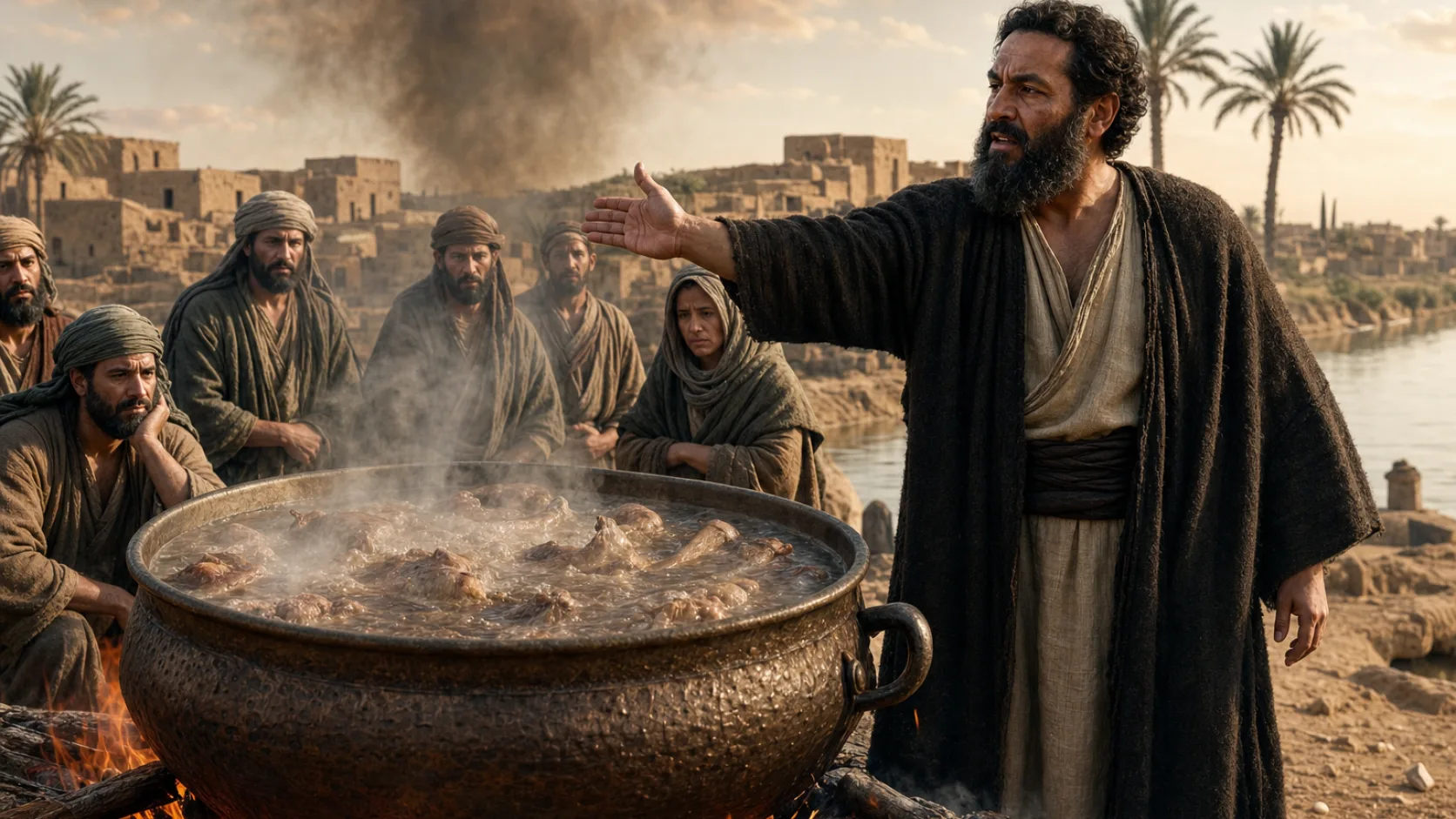 Biblical scene illustrating Ezekiel Uses a Boiling Pot as a Sign of Jerusalem