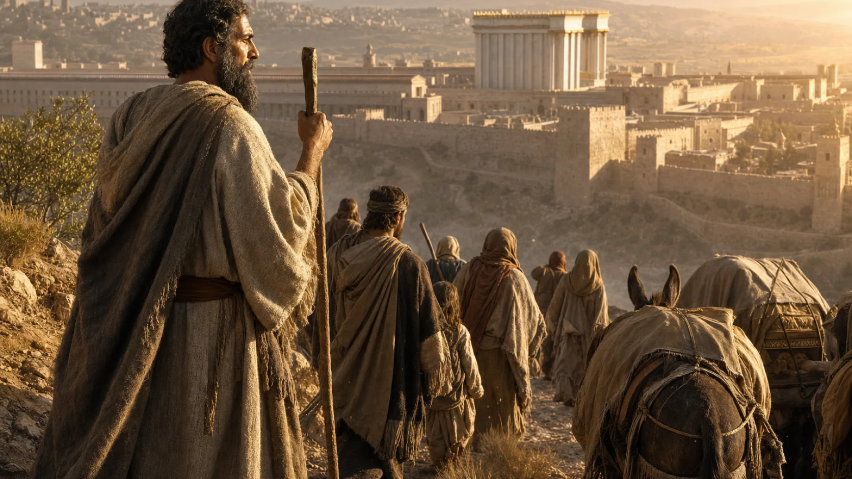 Biblical scene illustrating Ezra and the Exiles Arrive Safely in Jerusalem