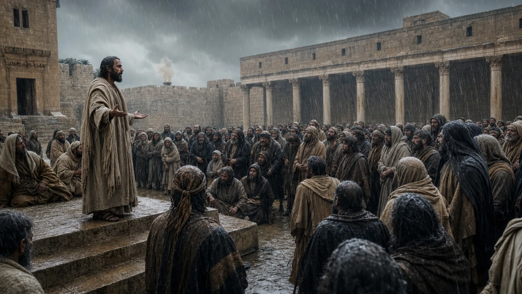 Biblical scene illustrating Ezra Calls the Returned Exiles to Assemble in Jerusalem