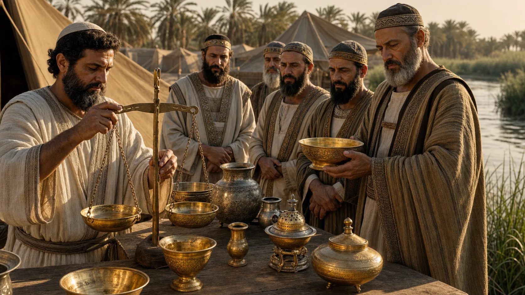 Biblical scene illustrating Ezra Entrusts Temple Treasures to Priests and Levites