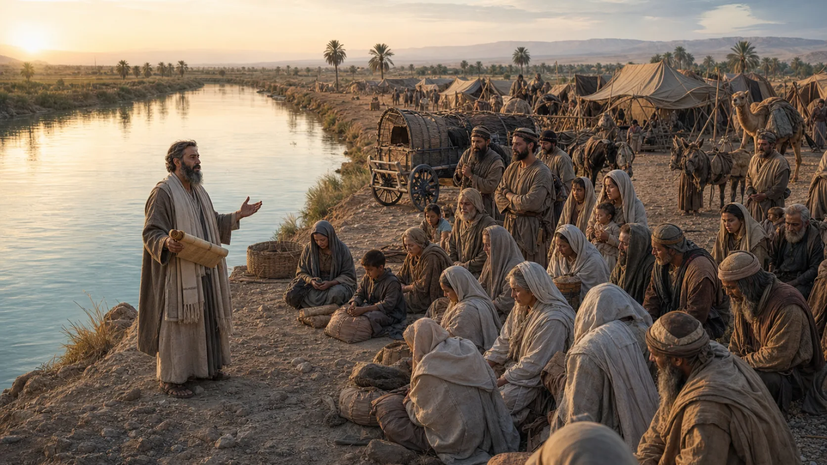 Biblical scene illustrating Ezra Gathers the Returning Exiles at the Ahava Canal