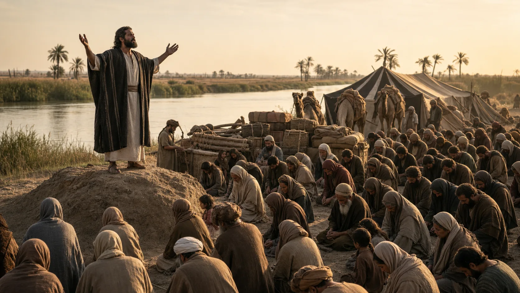 Biblical scene illustrating Ezra Proclaims a Fast for Safe Travel