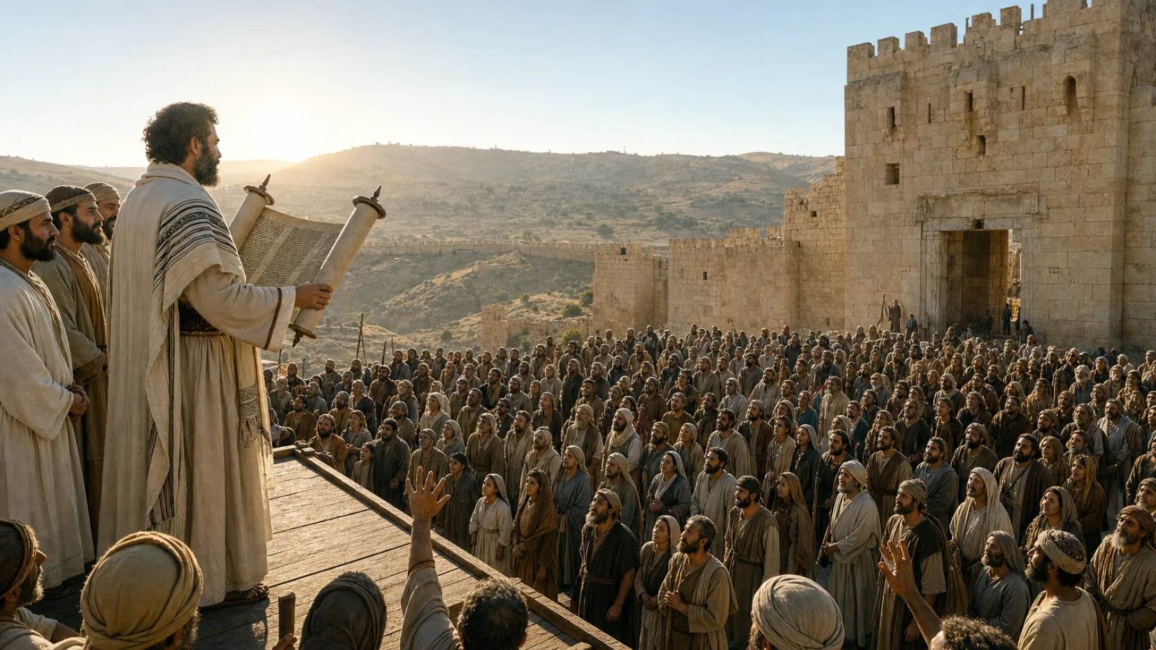 Biblical scene illustrating Ezra Reads the Book of the Law to the Assembly
