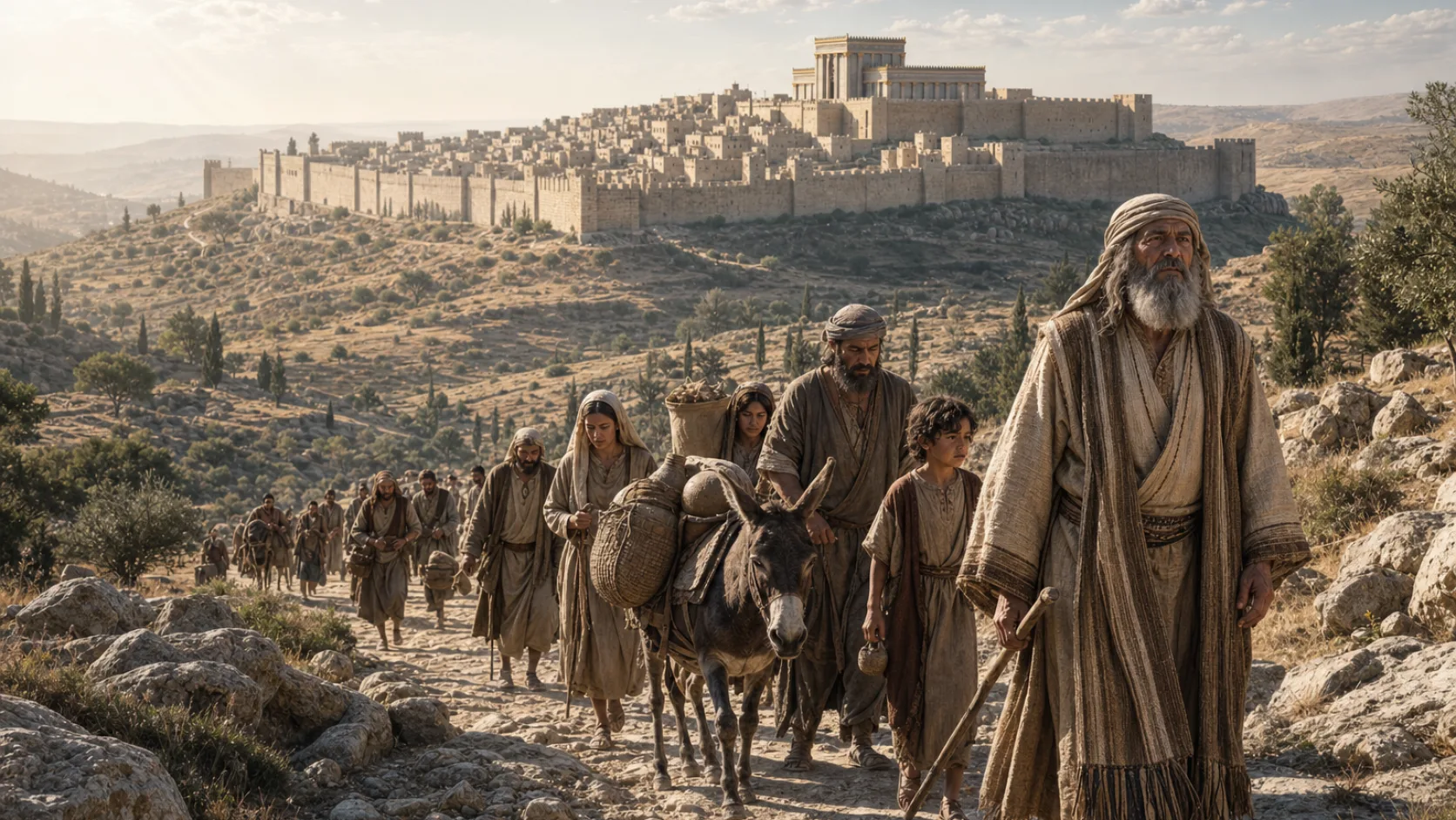 Biblical scene illustrating Faithful Israelites Move to Jerusalem to Worship the Lord