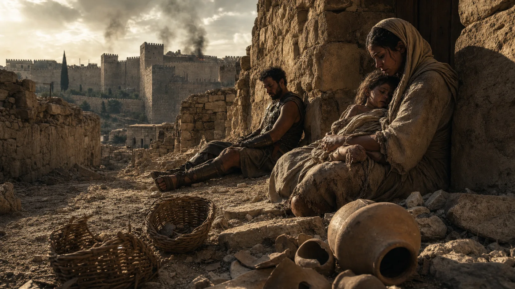Biblical scene illustrating Famine Overwhelms Jerusalem during the Siege