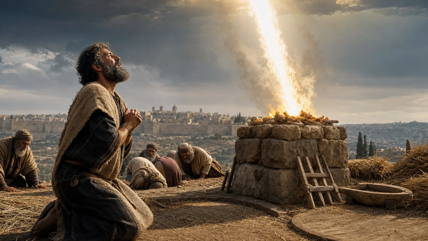 Biblical scene illustrating Fire from Heaven Consumes Davids Offering at Ornans Threshing Floor