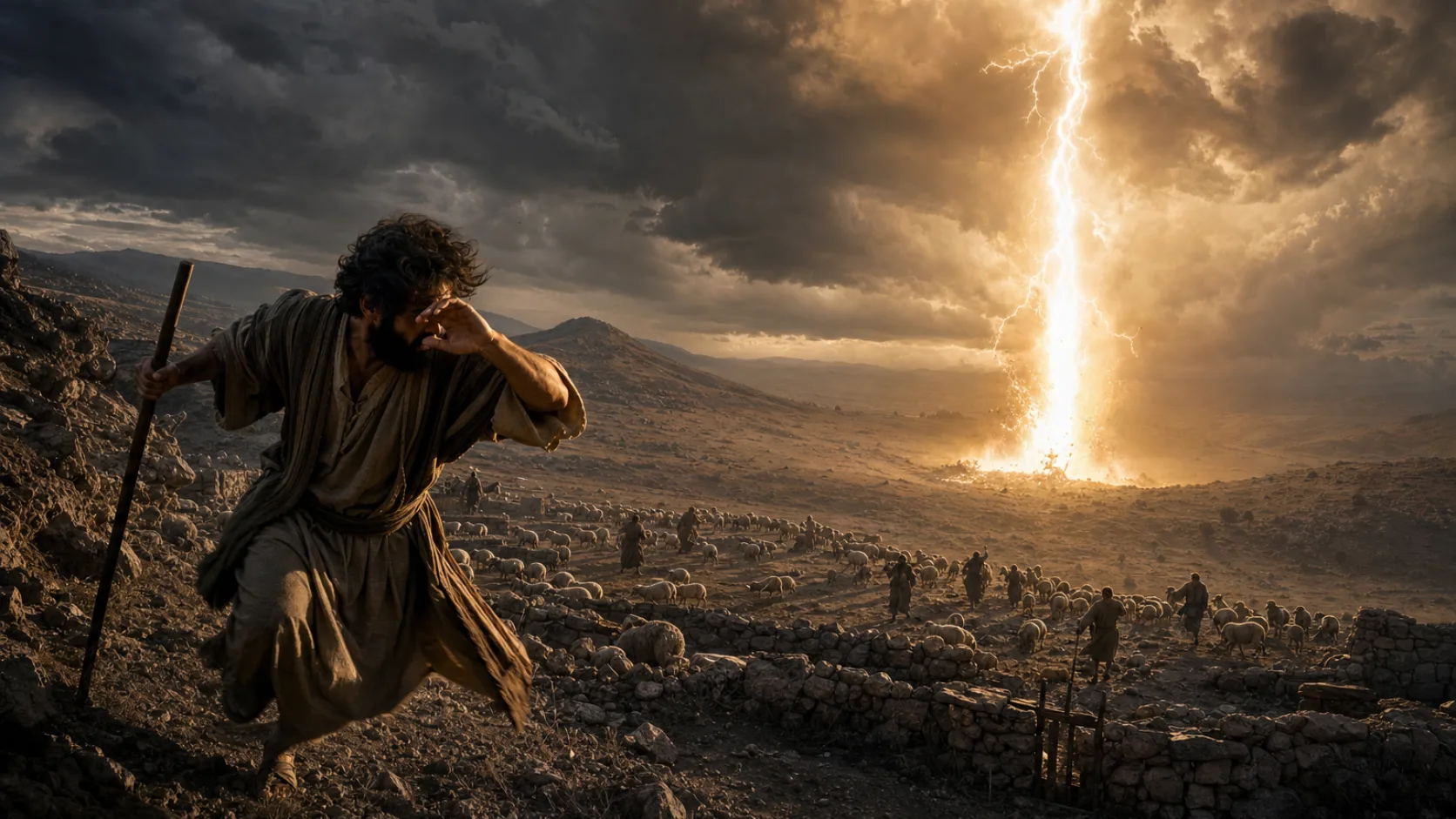 Biblical scene illustrating Fire from Heaven Destroys Jobs Sheep and Servants