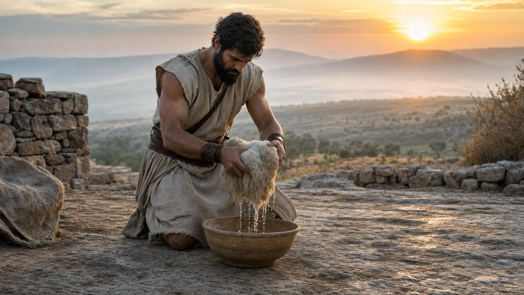 Biblical scene illustrating Gideon Tests God with the Fleece