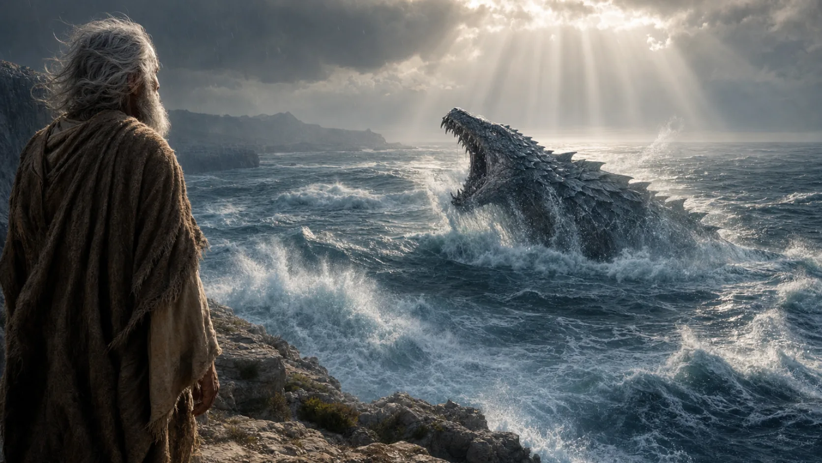 Biblical scene illustrating God Describes Leviathan to Job