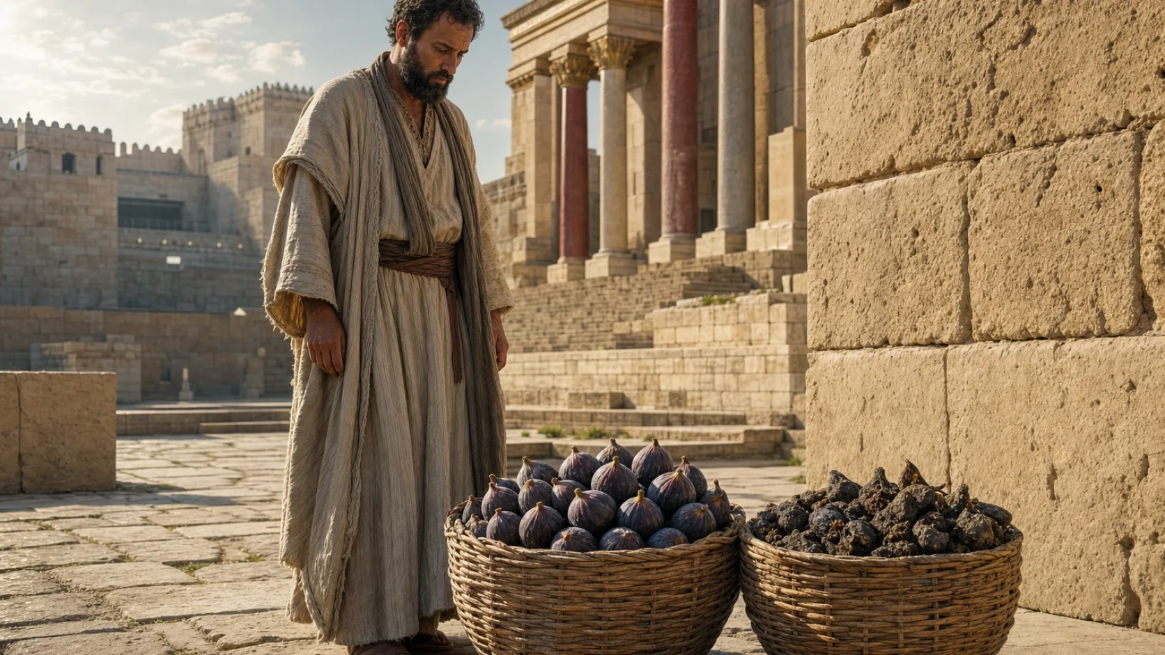 Biblical scene illustrating God Explains the Good and Bad Figs to Jeremiah