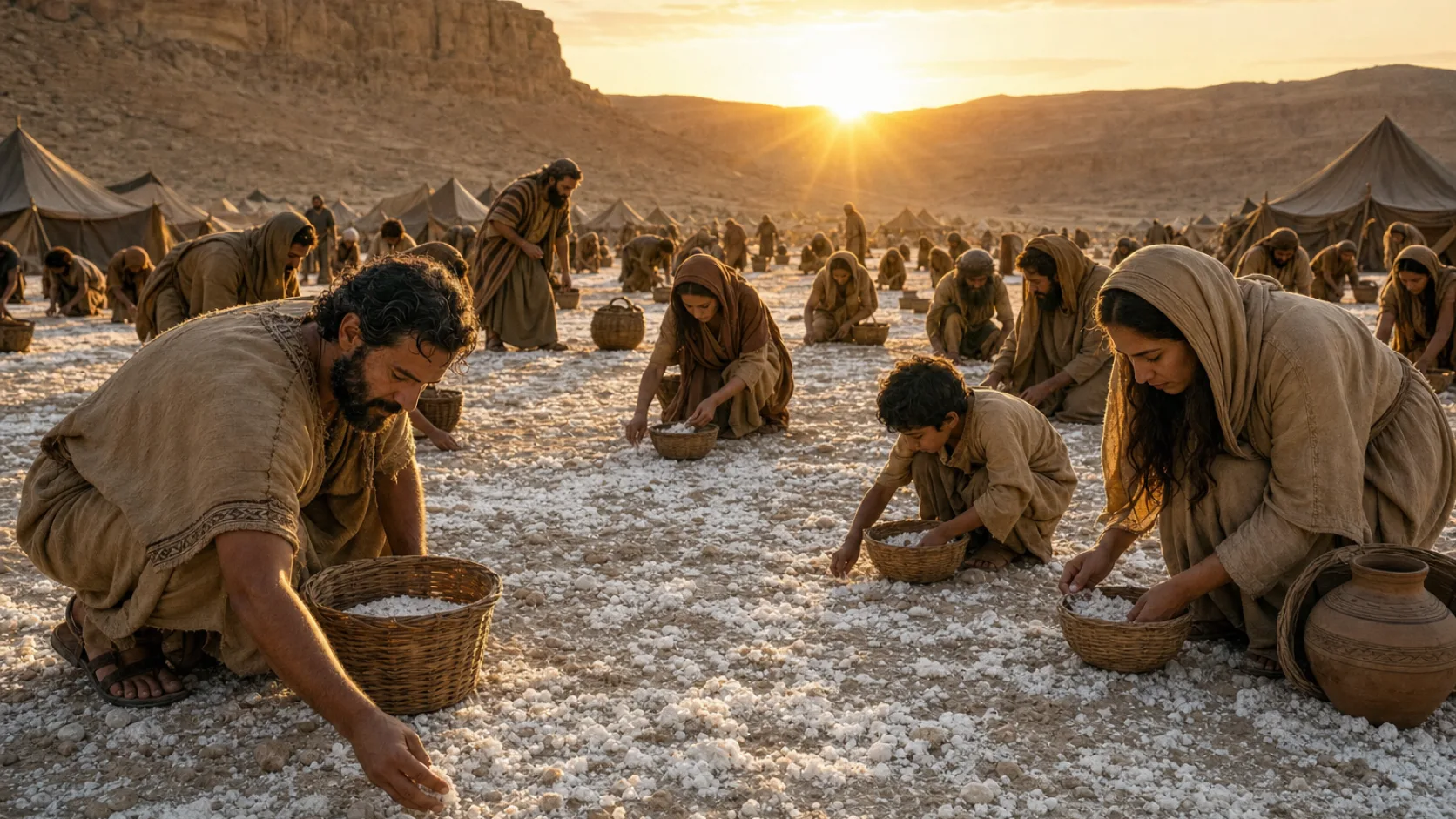 Biblical scene illustrating God Provides Manna and Quail