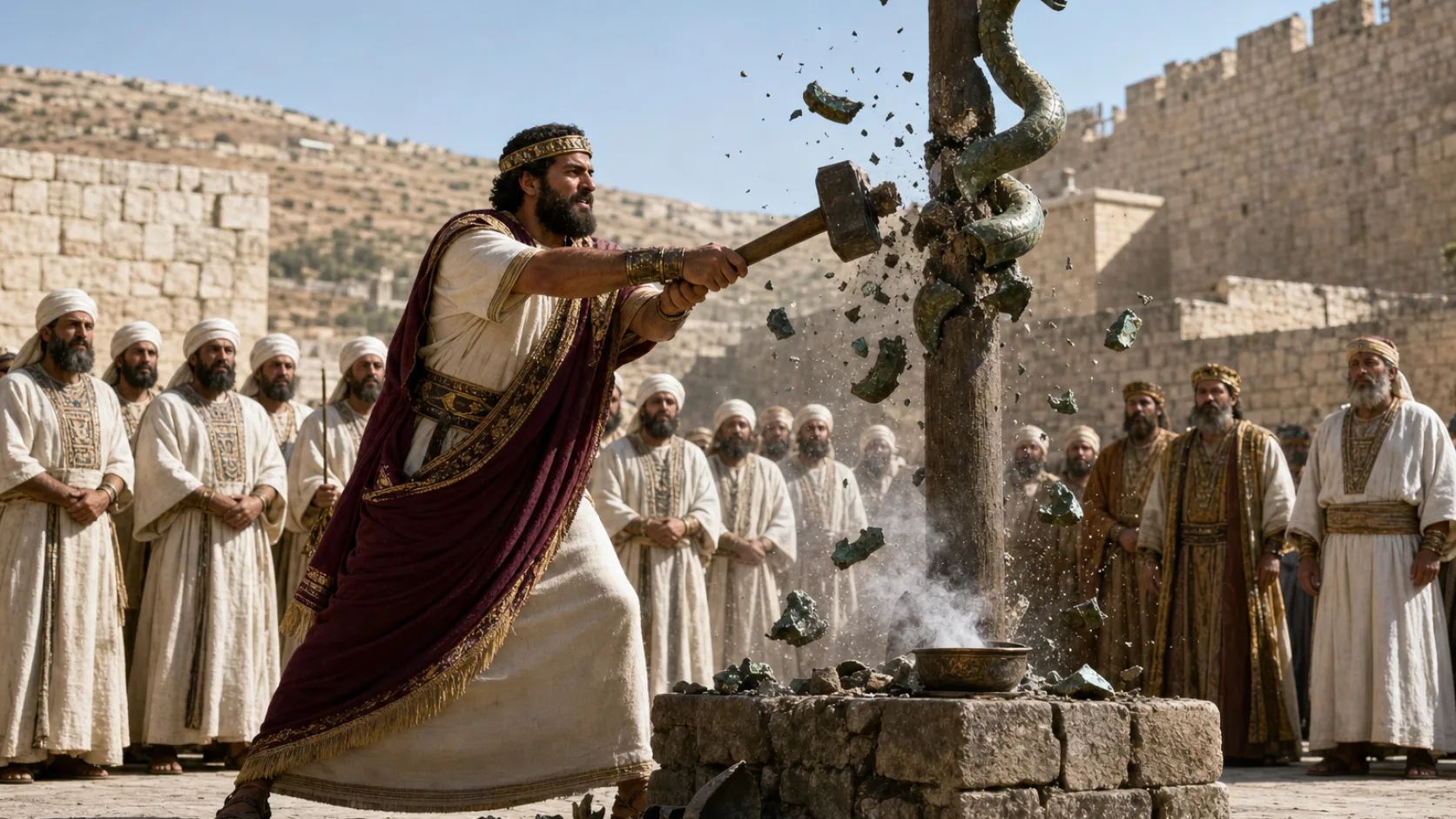 Biblical scene illustrating Hezekiah Destroys the Bronze Serpent