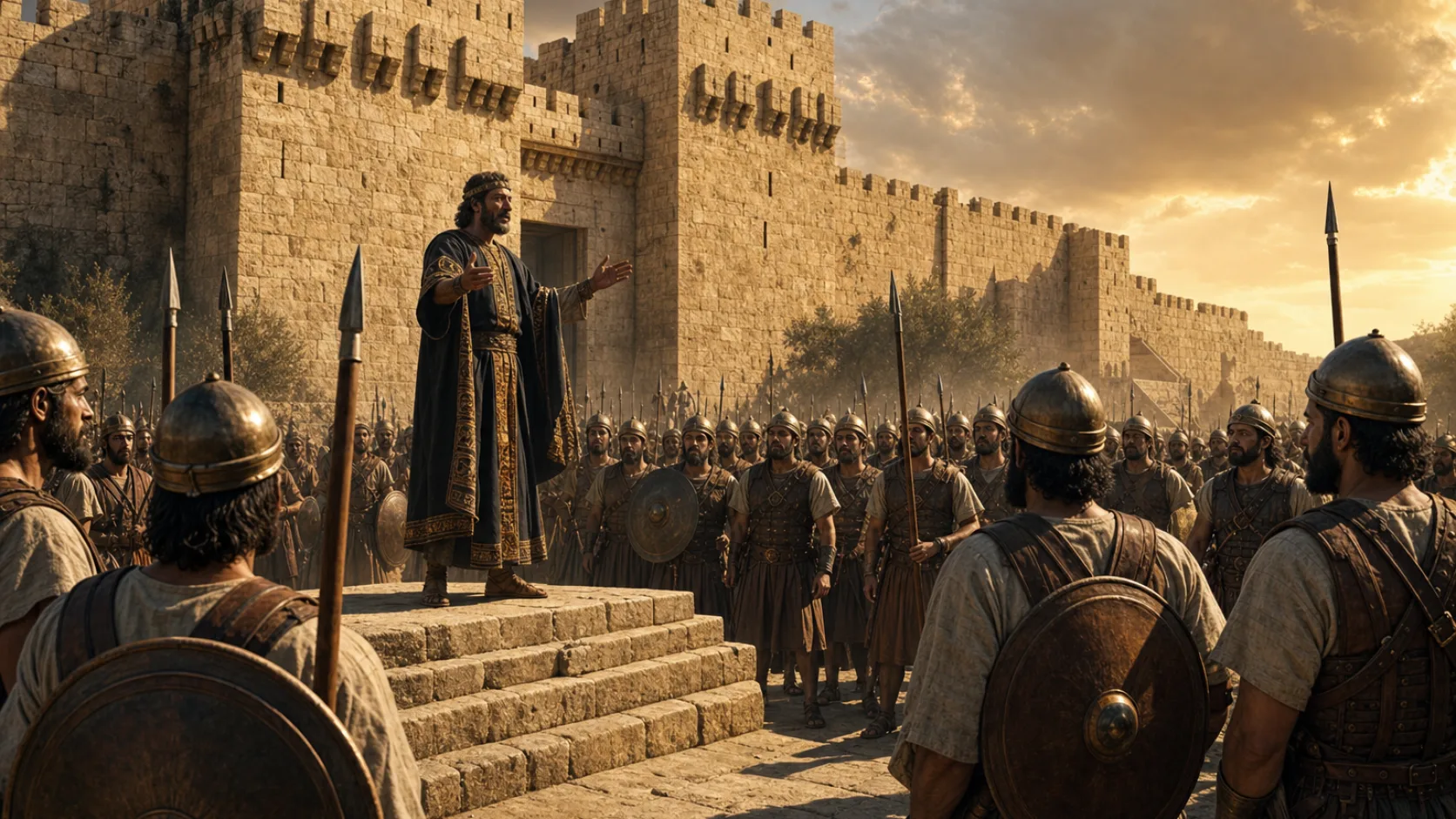 Biblical scene illustrating Hezekiah Encourages Judah to Trust the Lord against Assyria