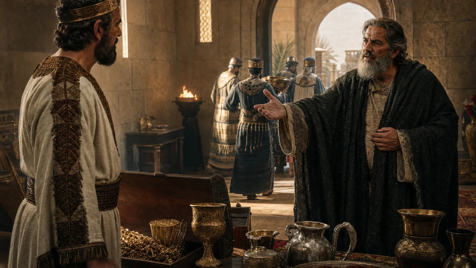 Biblical scene illustrating Isaiah Questions Hezekiah about the Babylonian Envoys
