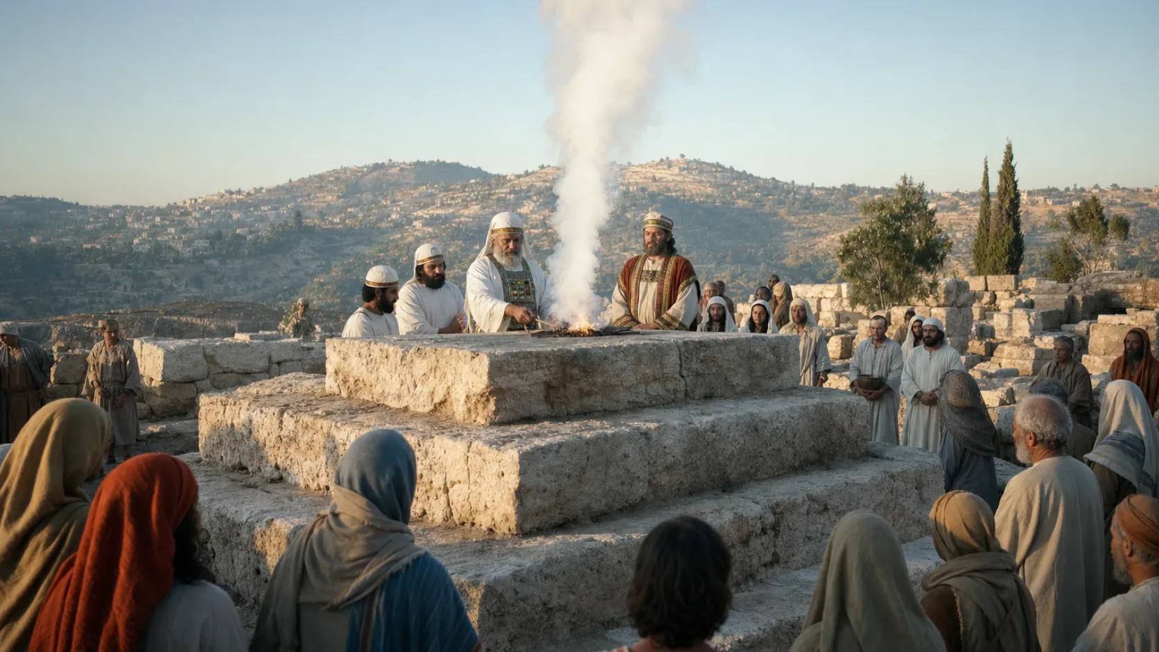 Biblical scene illustrating Israel Resumes Daily Burnt Offerings