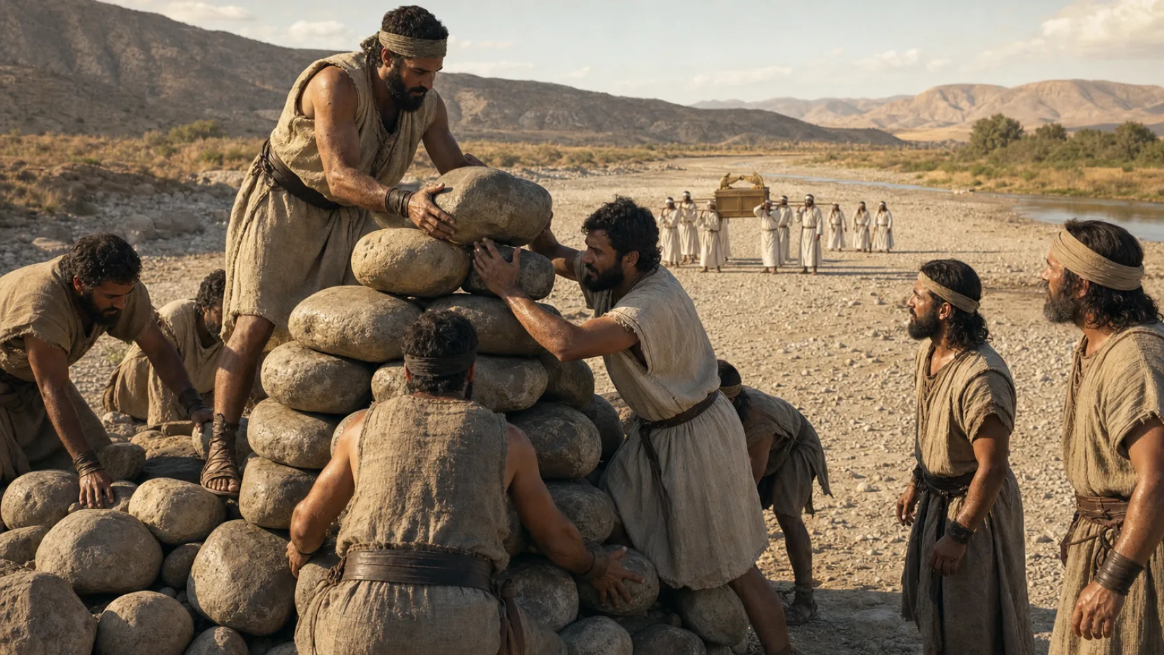 Biblical scene illustrating Israel Sets Up Twelve Memorial Stones