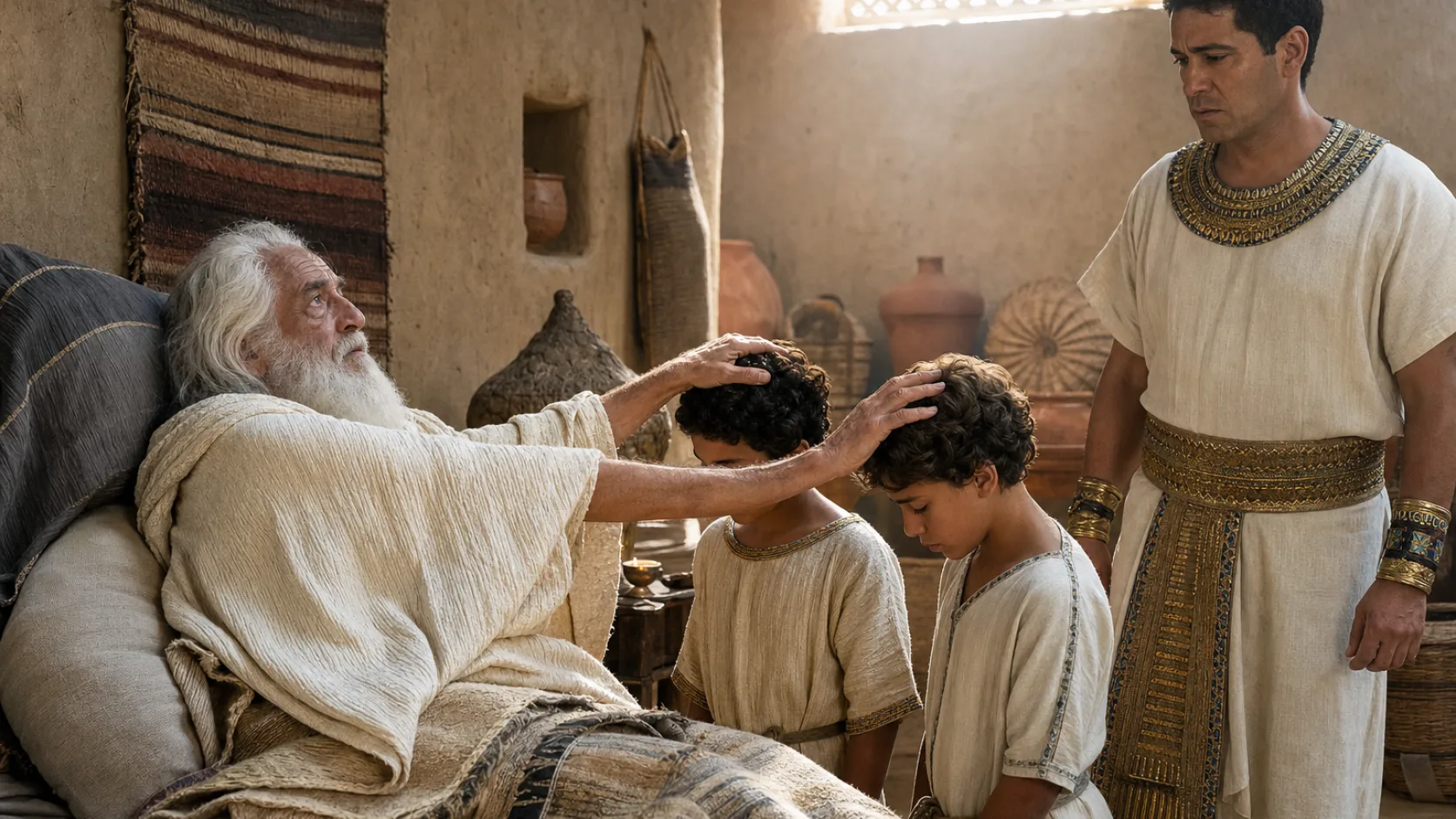 Biblical scene illustrating Jacob Blesses Ephraim and Manasseh