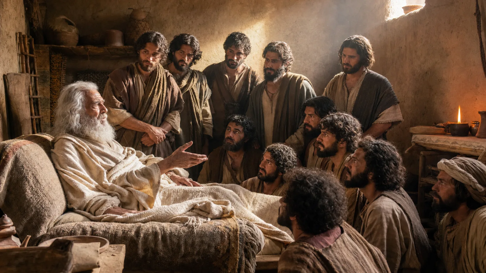 Biblical scene illustrating Jacob Blesses His Sons