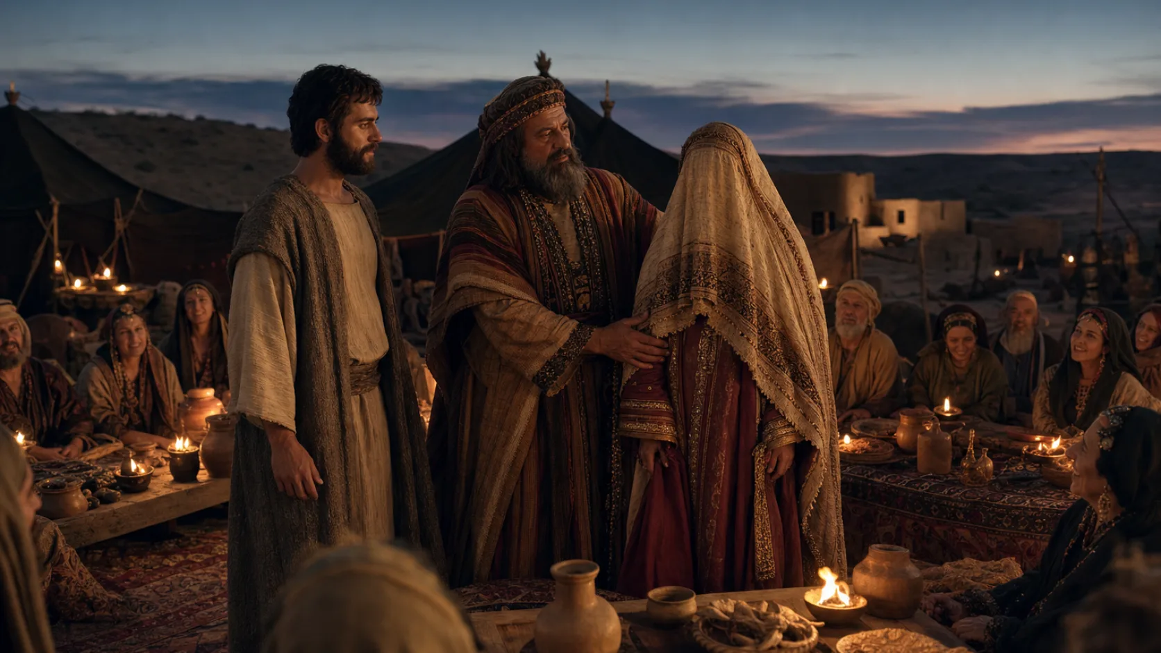 Biblical scene illustrating Jacob Marries Leah and Rachel