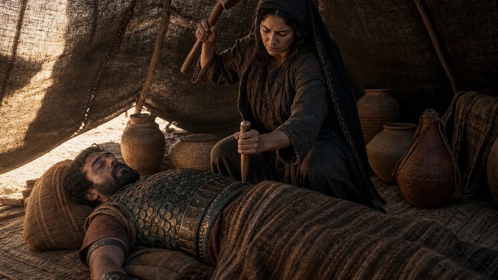Biblical scene illustrating Jael Kills Sisera