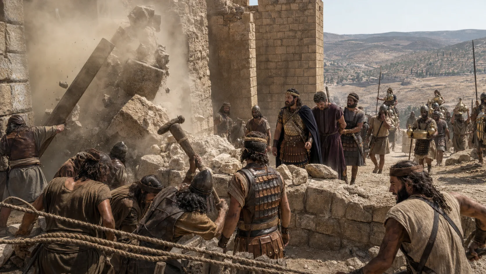 Biblical scene illustrating Jehoash Breaks Down Jerusalems Wall