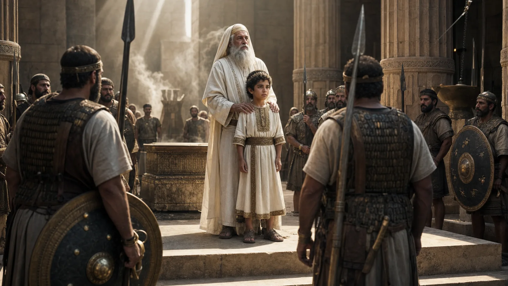 Biblical scene illustrating Jehoiada Reveals Joash to the Guards