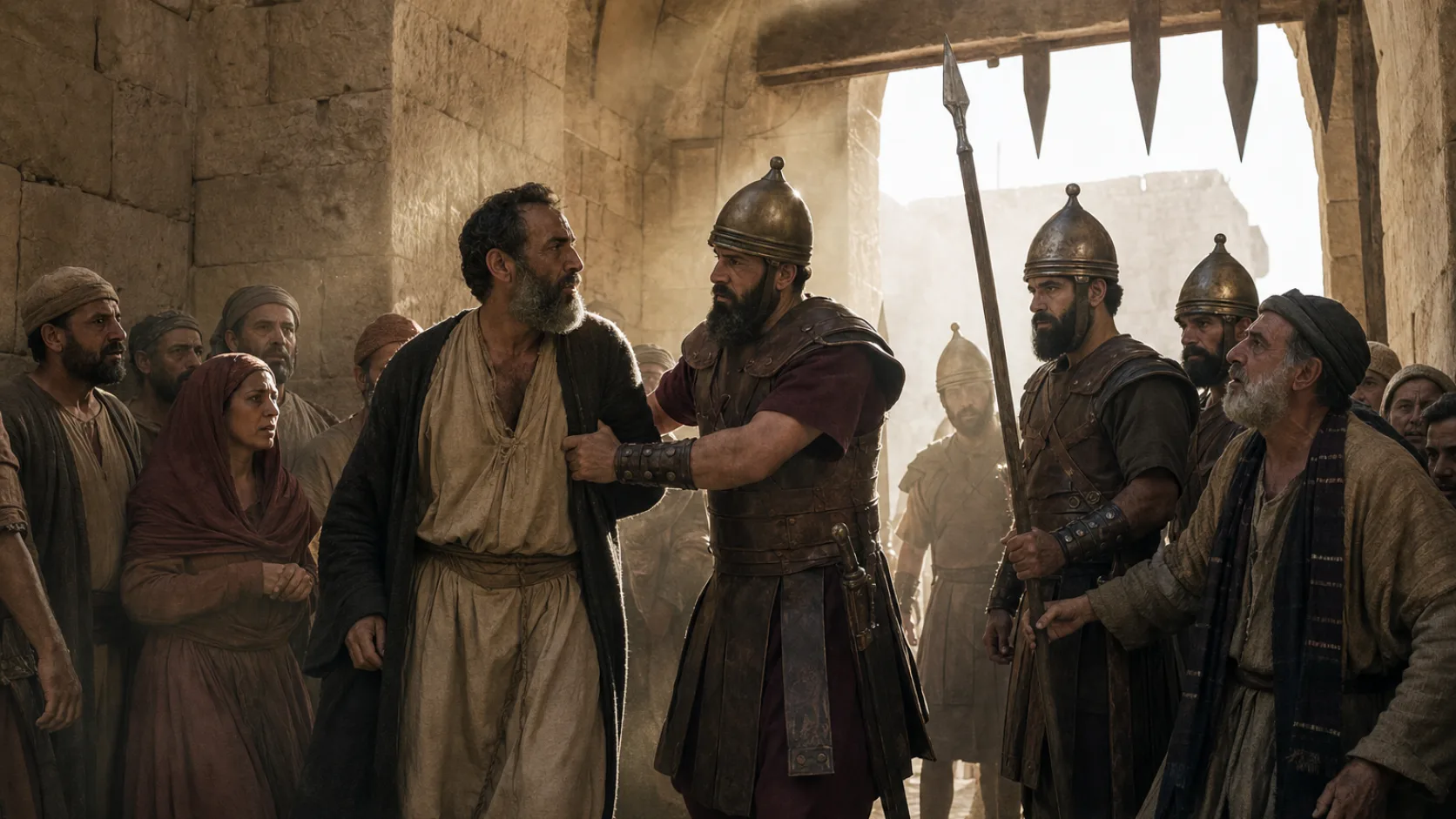 Biblical scene illustrating Jeremiah Is Arrested at the Benjamin Gate