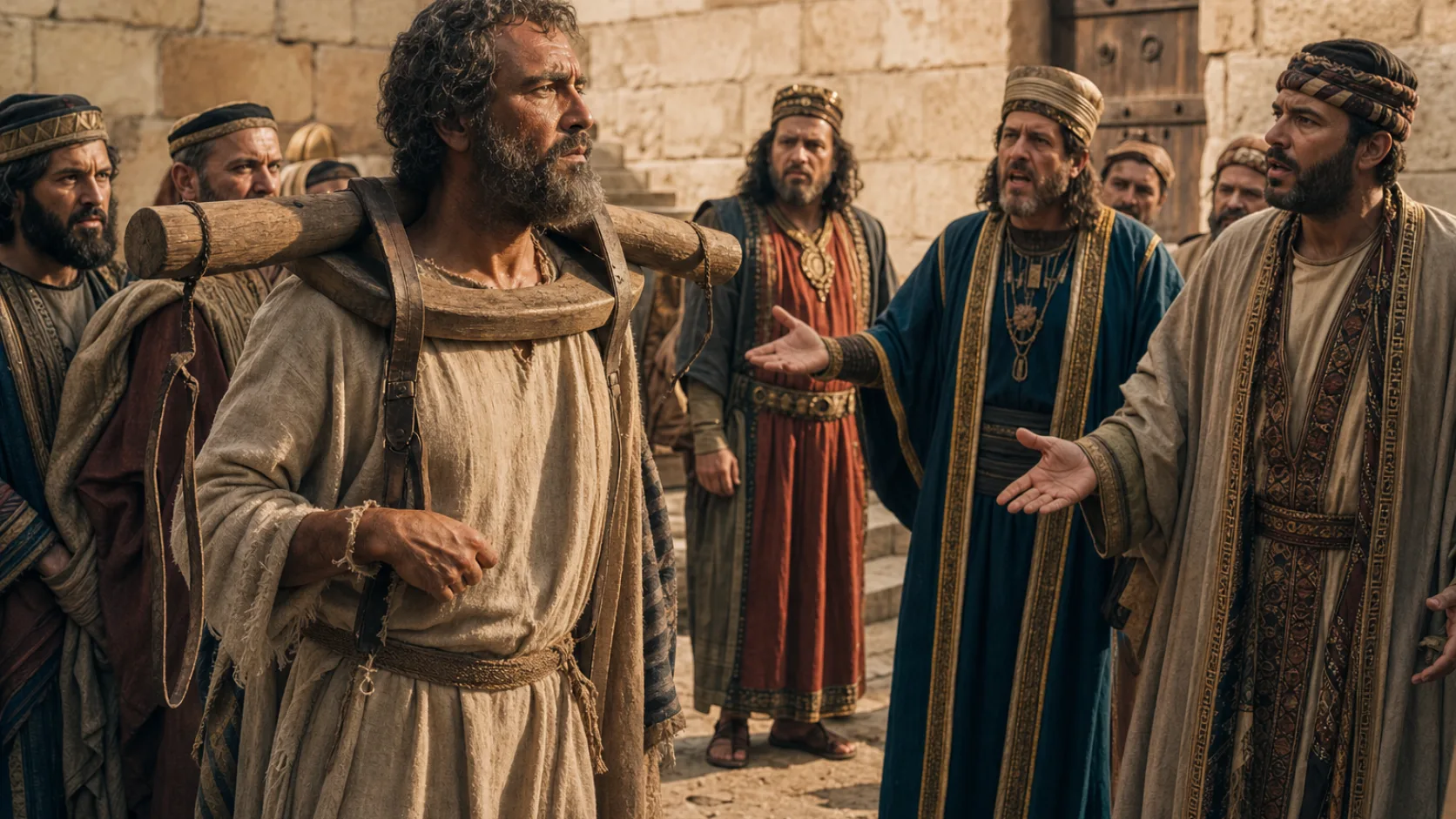 Biblical scene illustrating Jeremiah Places a Yoke on His Neck
