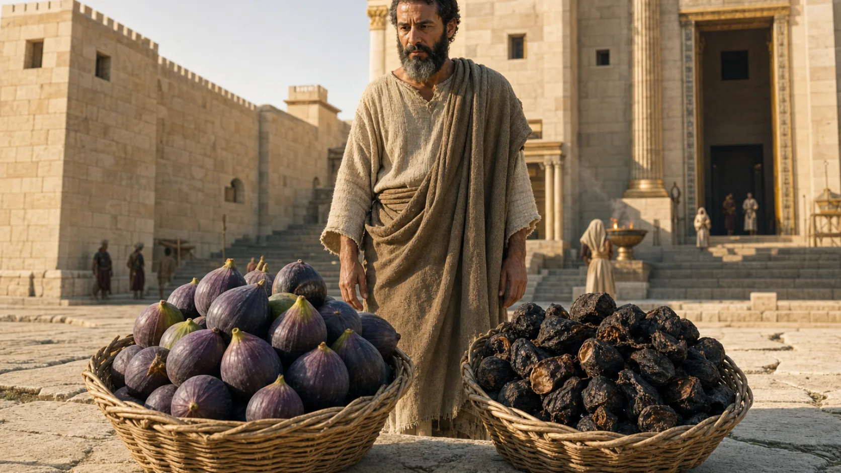 Biblical scene illustrating Jeremiah Sees Two Baskets of Figs