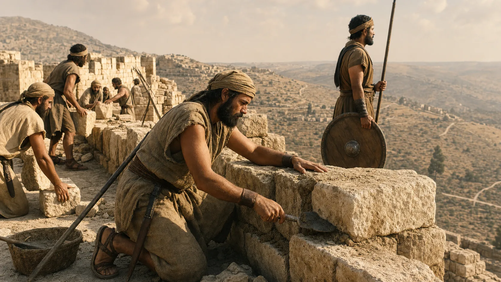 Biblical scene illustrating Jerusalems Enemies Plot to Attack the Builders
