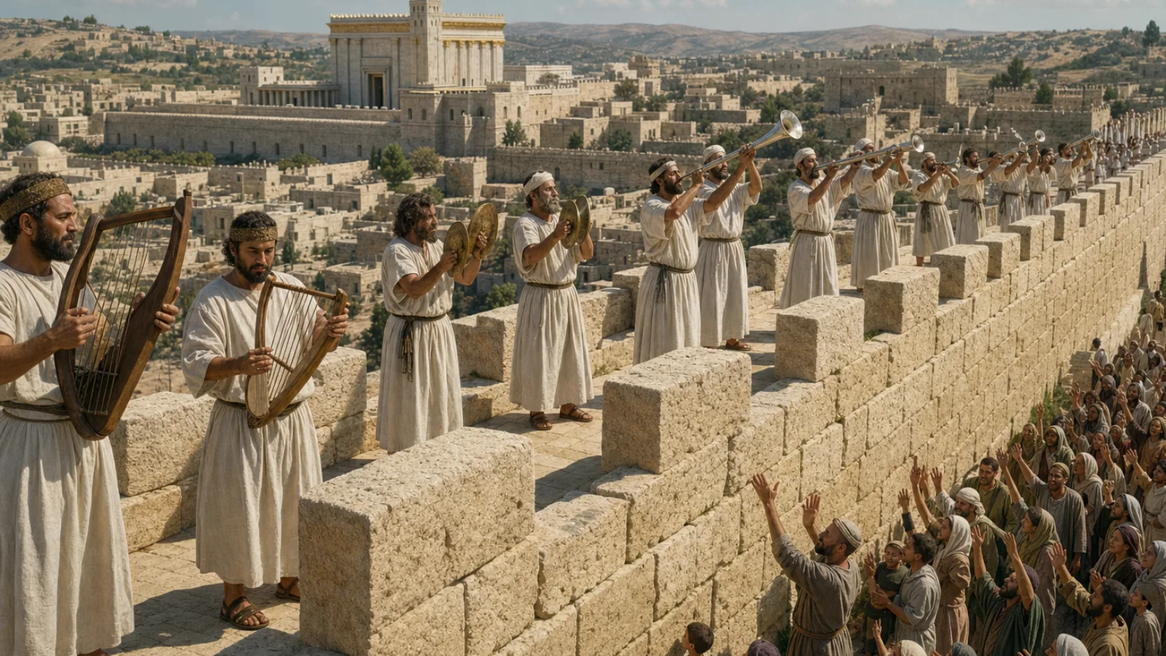 Biblical scene illustrating Jerusalems Wall Is Dedicated with Great Rejoicing