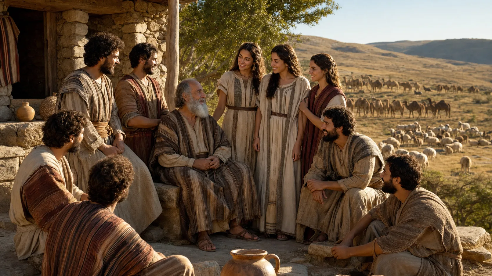 Biblical scene illustrating Job Receives Seven Sons and Three Daughters