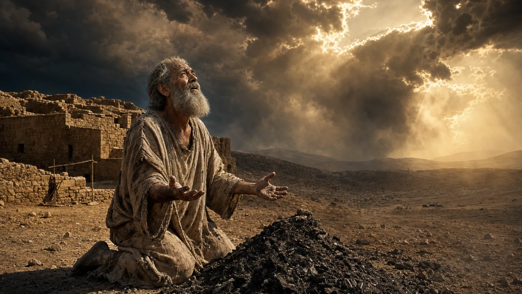 Biblical scene illustrating Job Repents before God