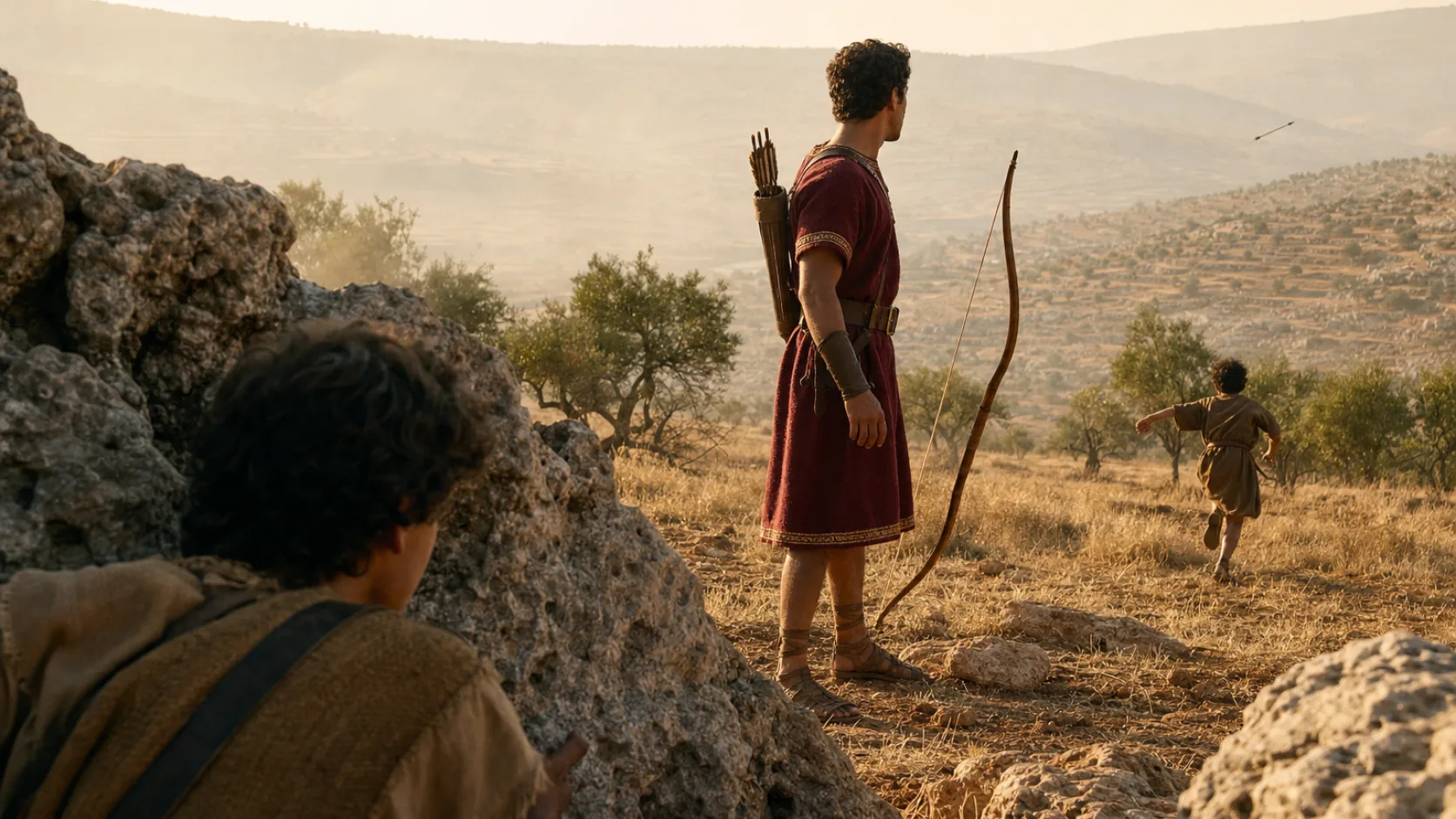 Biblical scene illustrating Jonathan Warns David of Saul's Plot