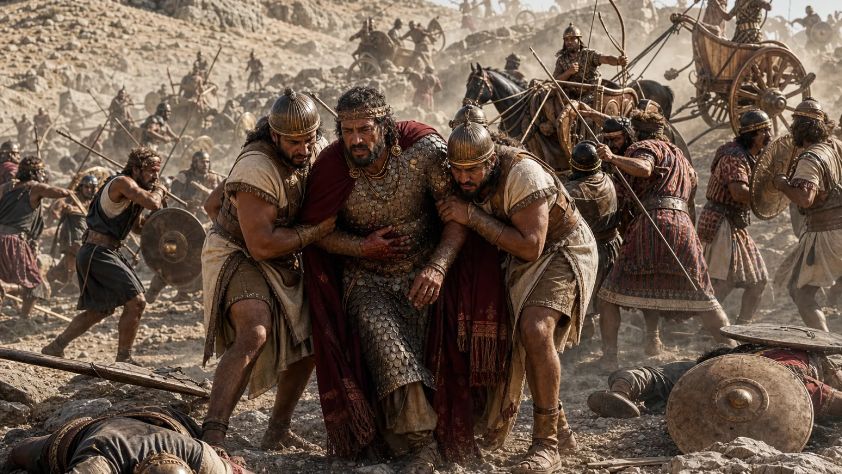 Biblical scene illustrating Joram Is Wounded Fighting Hazael