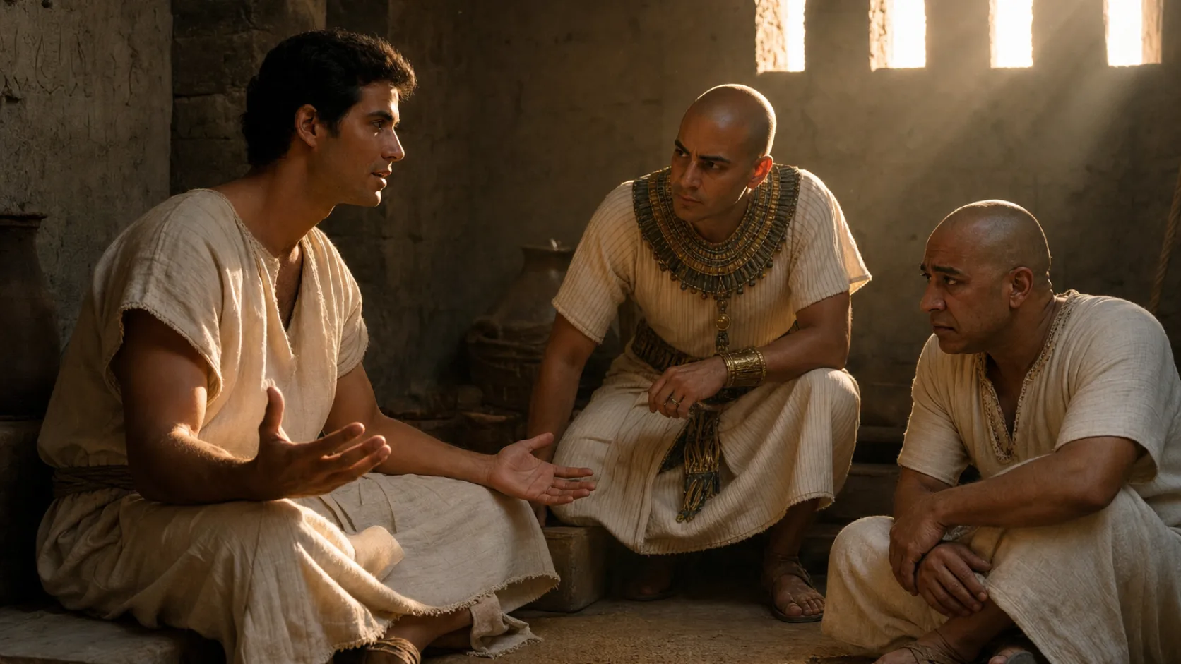 Biblical scene illustrating Joseph Interprets the Prisoners' Dreams
