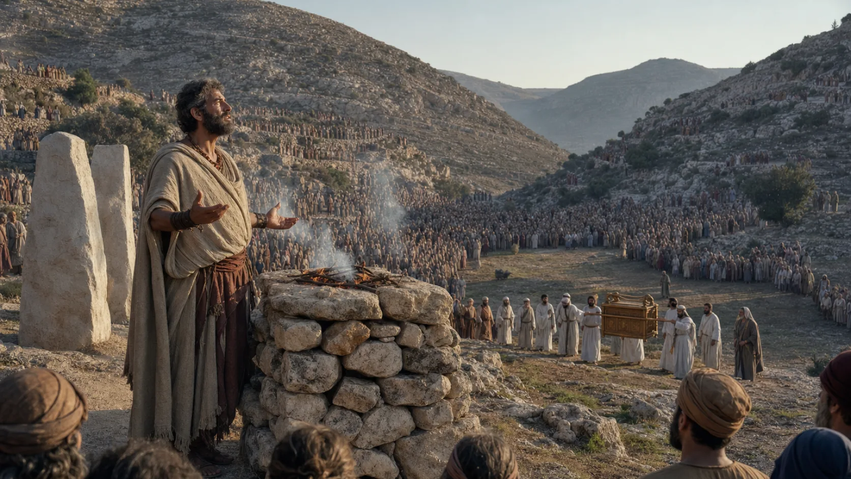 Biblical scene illustrating Joshua Builds an Altar on Mount Ebal