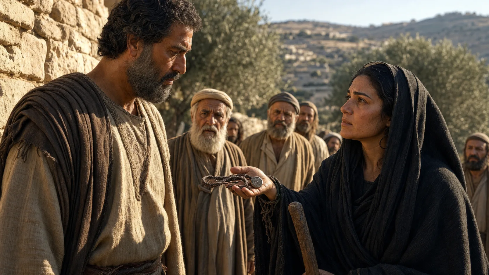 Biblical scene illustrating Judah and Tamar