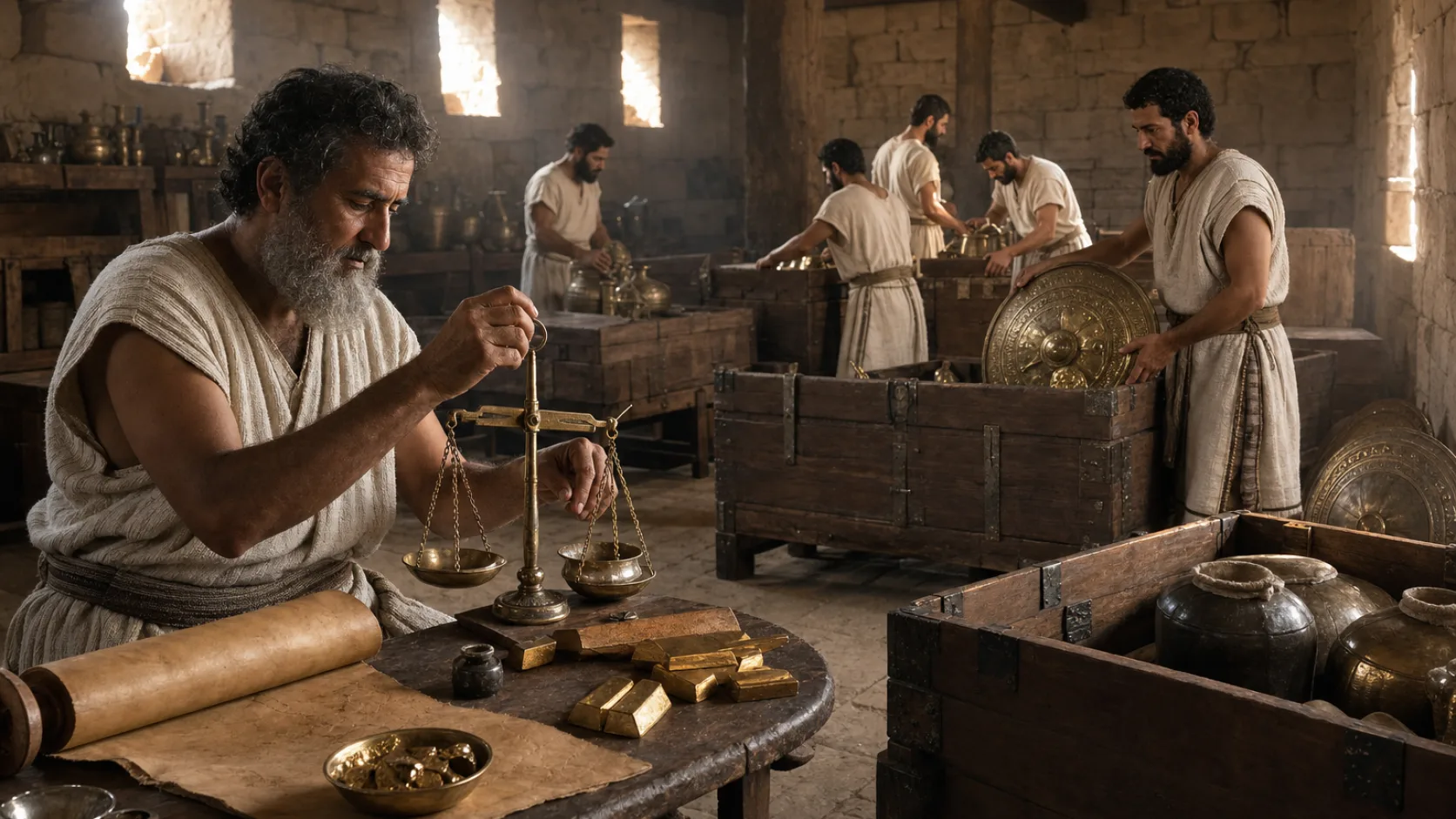 Biblical scene illustrating Levites Are Appointed over the Temple Treasuries