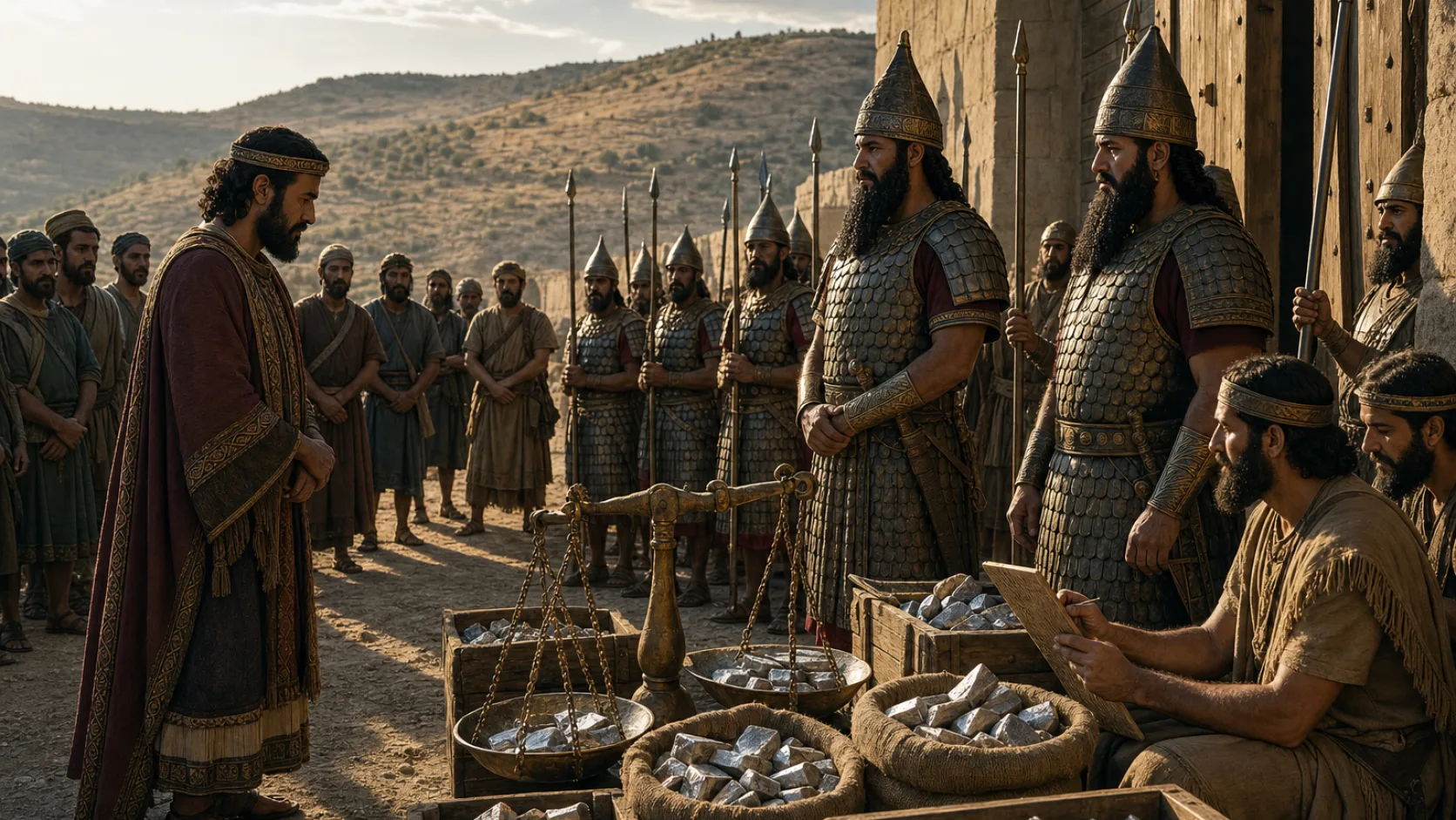 Biblical scene illustrating Menahem Pays Tribute to Tiglath-Pileser
