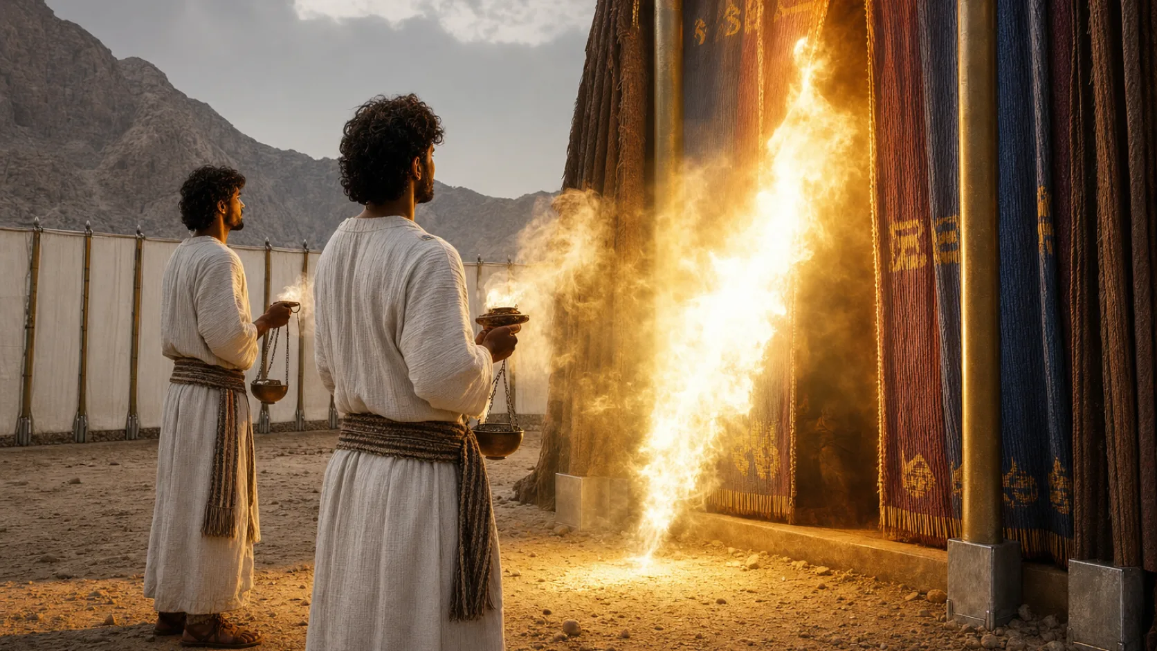 Biblical scene illustrating Nadab and Abihu Offer Unauthorized Fire