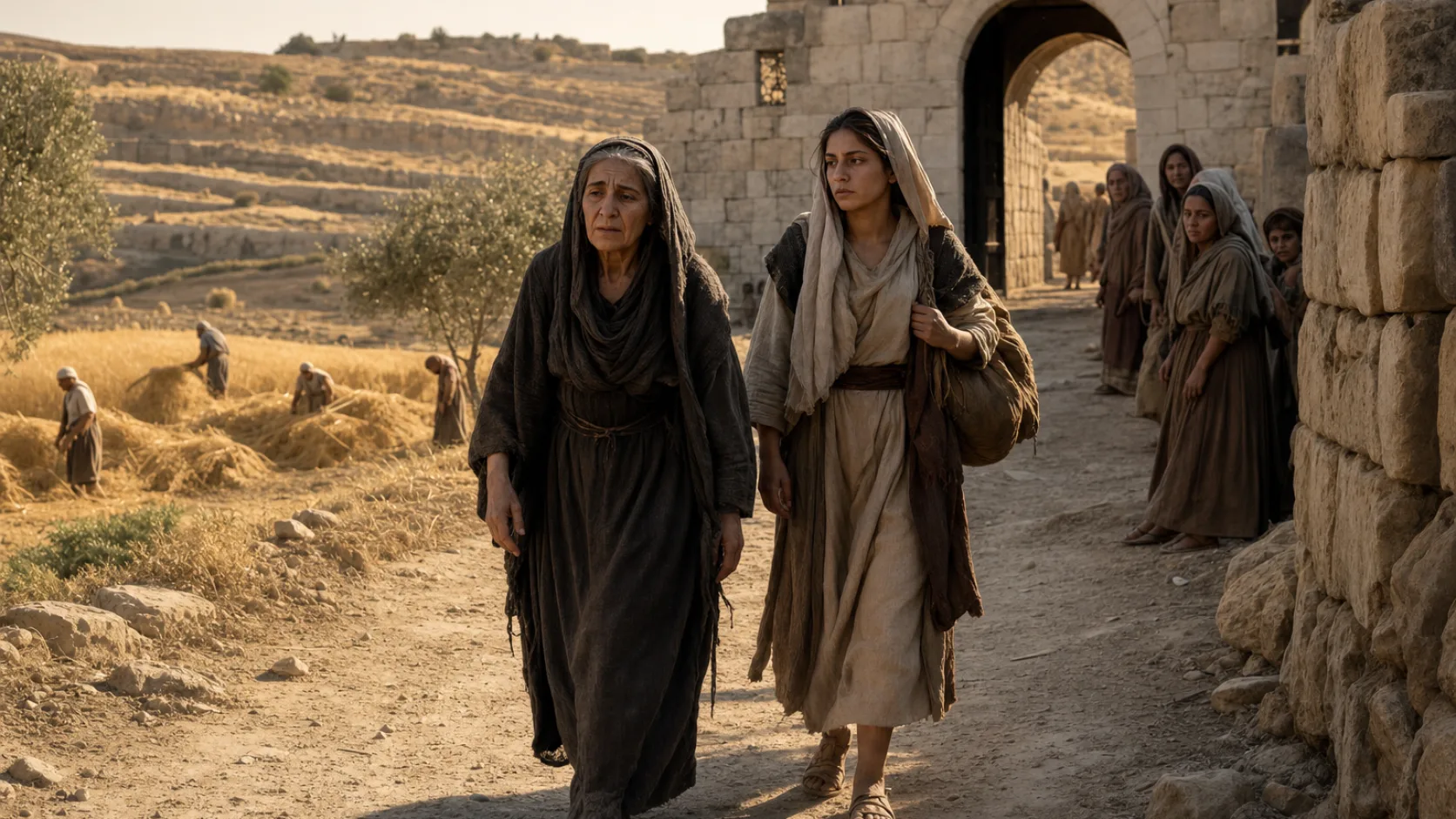 Biblical scene illustrating Naomi and Ruth Arrive in Bethlehem