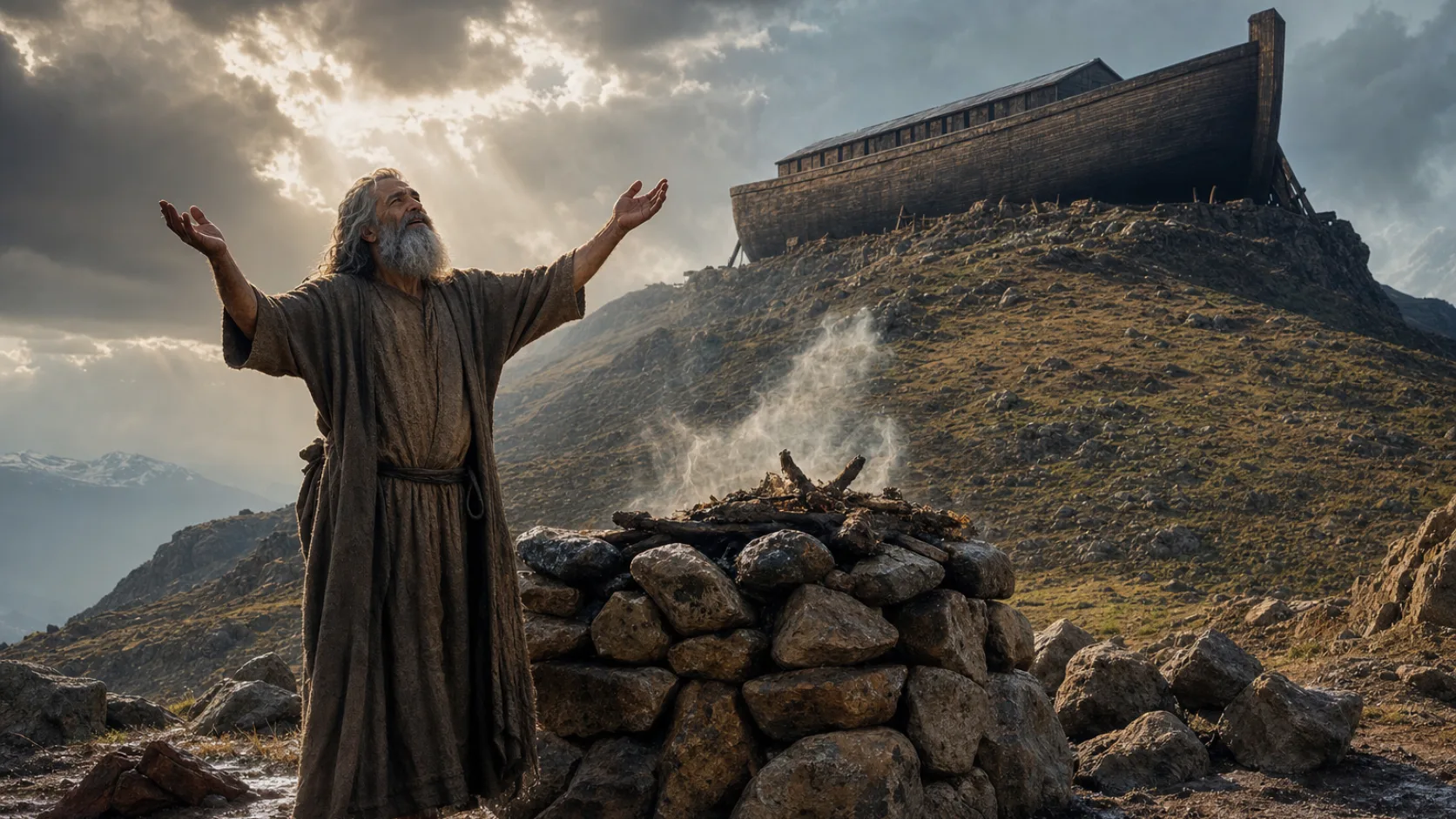 Noah’s Sacrifice after the Flood biblical prayer scene