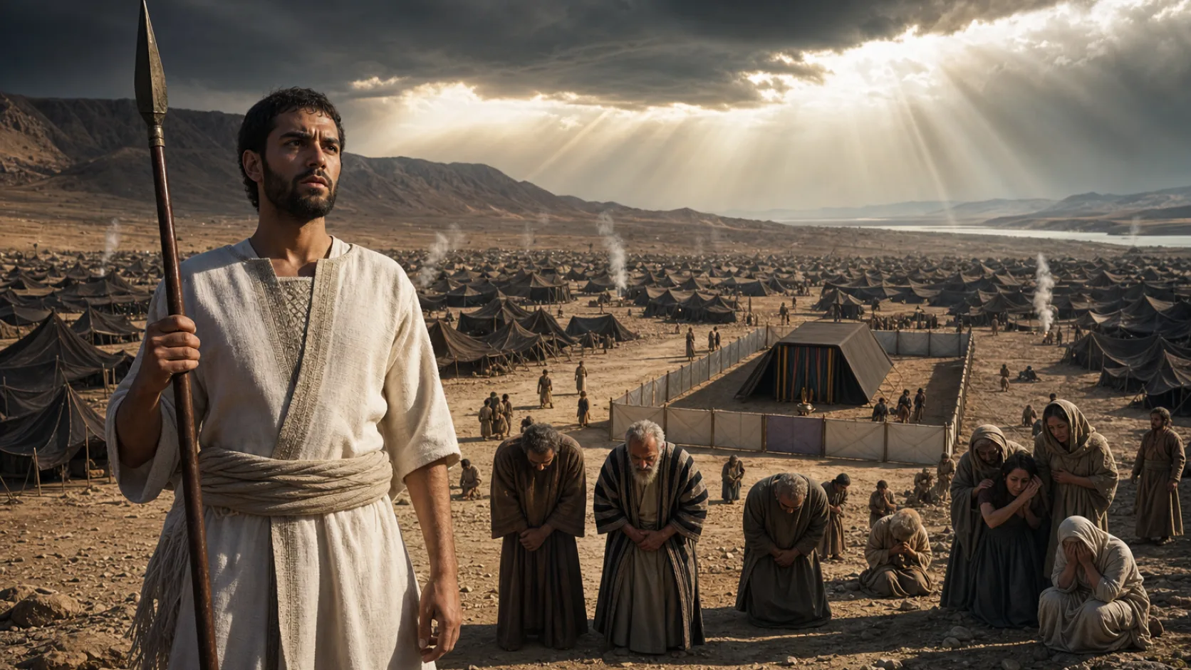 Biblical scene illustrating Phinehas Stops the Plague at Peor