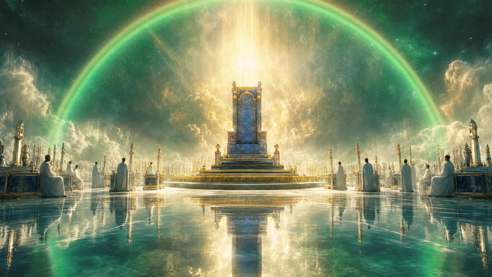 Rainbow around the Throne in a detailed biblical historical scene