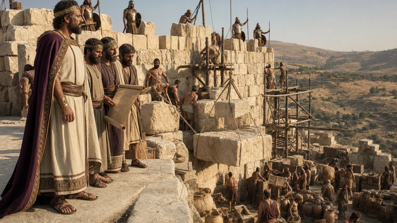 Biblical scene illustrating Rehoboam Fortifies the Cities of Judah