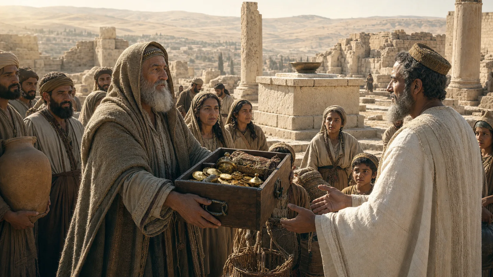 Biblical scene illustrating Returning Exiles Give Freely for Rebuilding the Temple