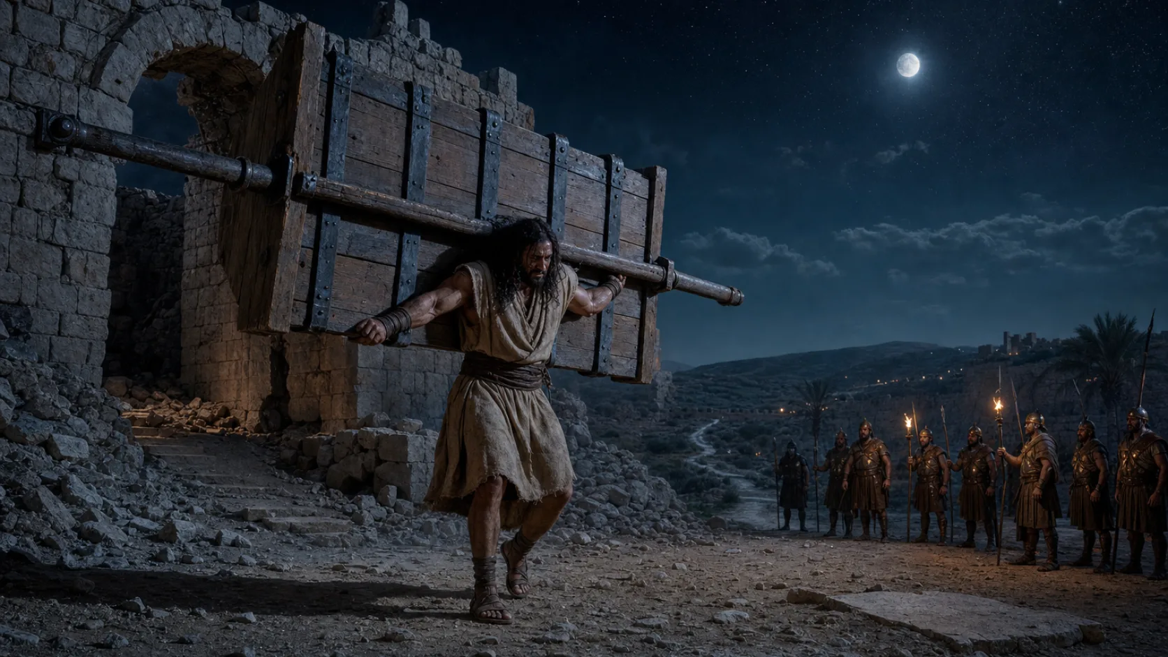 Biblical scene illustrating Samson Carries Away the Gates of Gaza